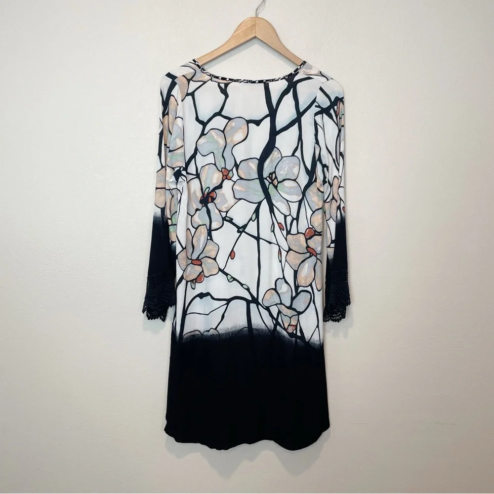 Language Floral Ombre V Neck Lace Trim Tunic Top Art to Wear Lagenlook Medium - Picture 2 of 6